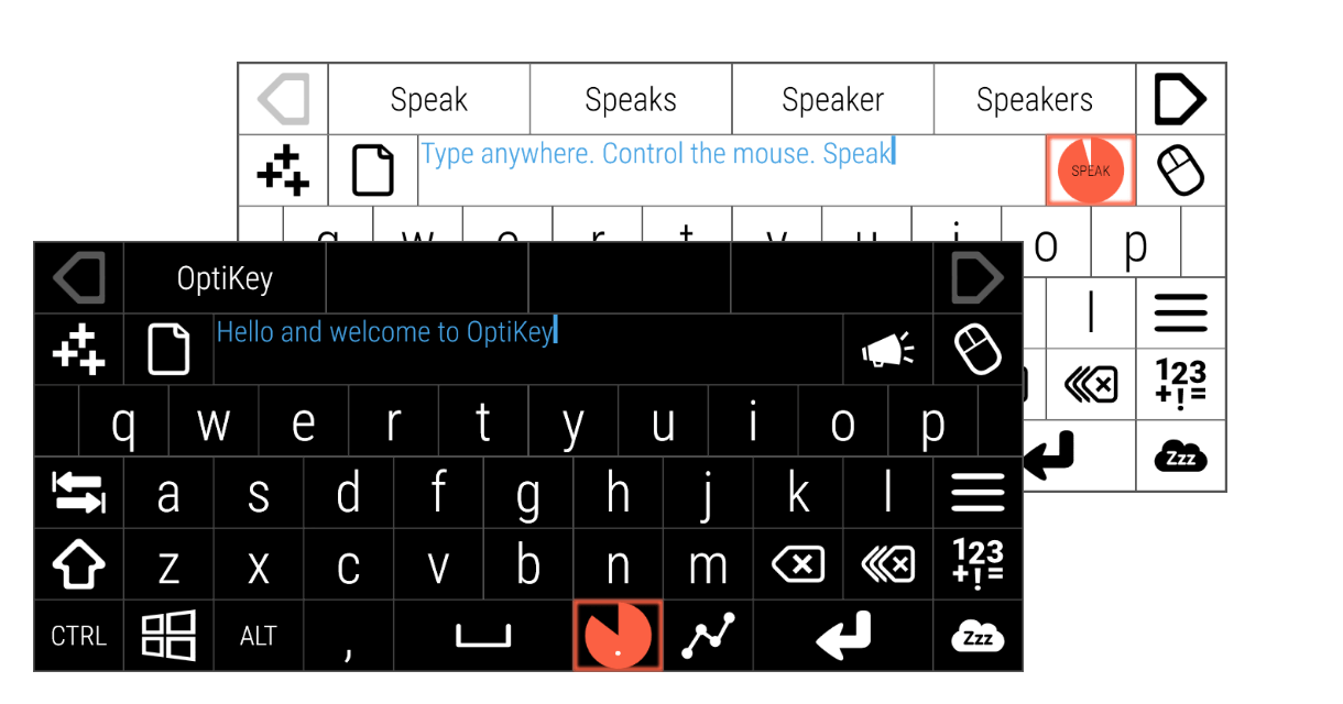 Screenshot of Optikey Pro app, showing light and dark theme